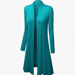 Solid Long Sleeve Open Front Long Cardigan -jade